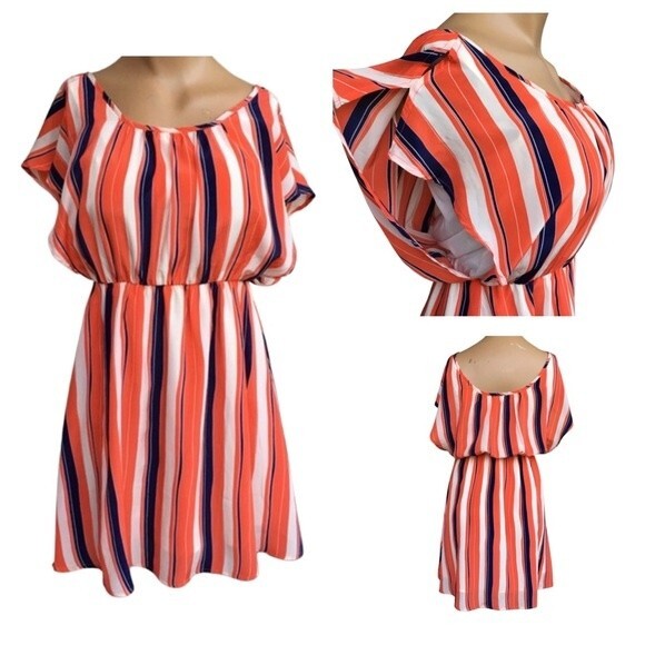 Orange and navy striped open sleeve dress size small - Picture 1 of 6